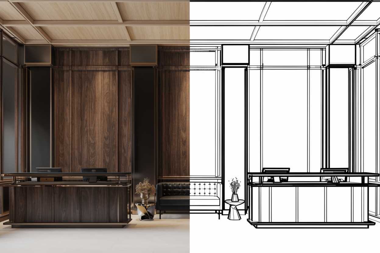 Hotel lobby millwork shown half finished and half in draft drawing view